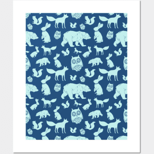 Navy Light Blue Woodland Animals Fox Bear Owl Posters and Art